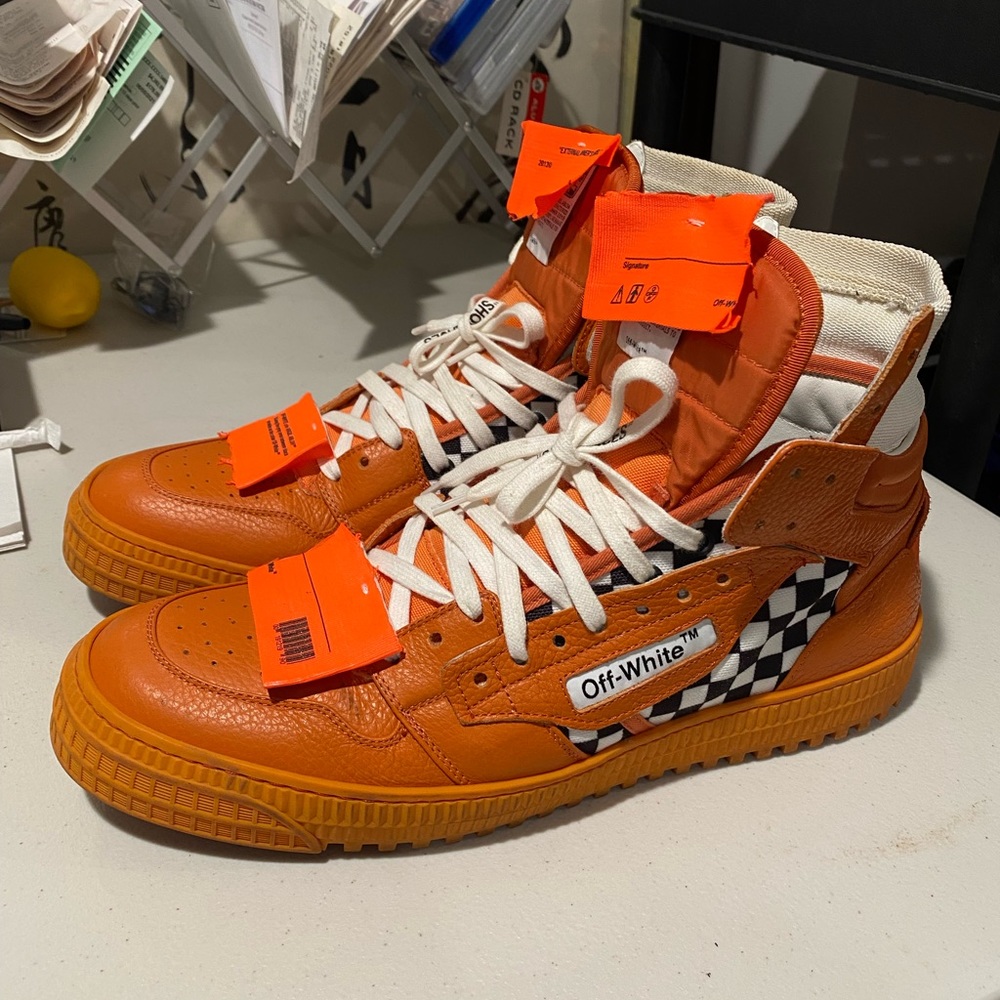 Off-white 3.0 orange high top sneaker with zip tie tag